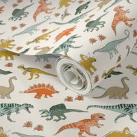 dinoworld dinosaur fabric - tyrannosaurus rex fabric, triceratops fabric, dinosaurs fabric, boy fabric, baby boy fabric -  cream