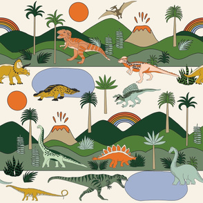 LARGE dinoworld fabric - jurassic fabric, prehistoric fabric - tyrannosaurs fabric, palm tree fabric, rainbow fabric - t rex - cream