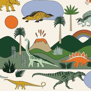 MEDIUM dinoworld fabric - jurassic fabric, prehistoric fabric - tyrannosaurs fabric, palm tree fabric, rainbow fabric - t rex - cream