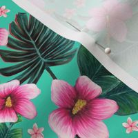 Maximalist floral ,  hibiscus plumeria on biscay green