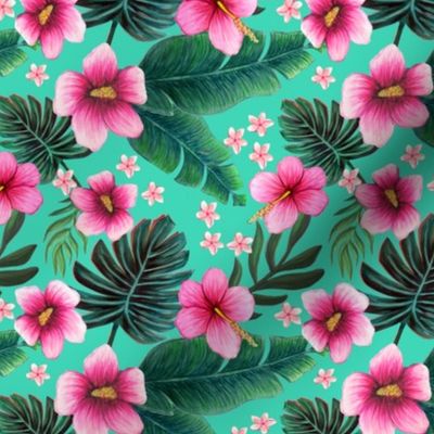 Maximalist floral ,  hibiscus plumeria on biscay green