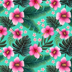 Maximalist floral ,  hibiscus plumeria on biscay green