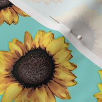 Sunflower Army Spaced / Aqua Blue Floral 