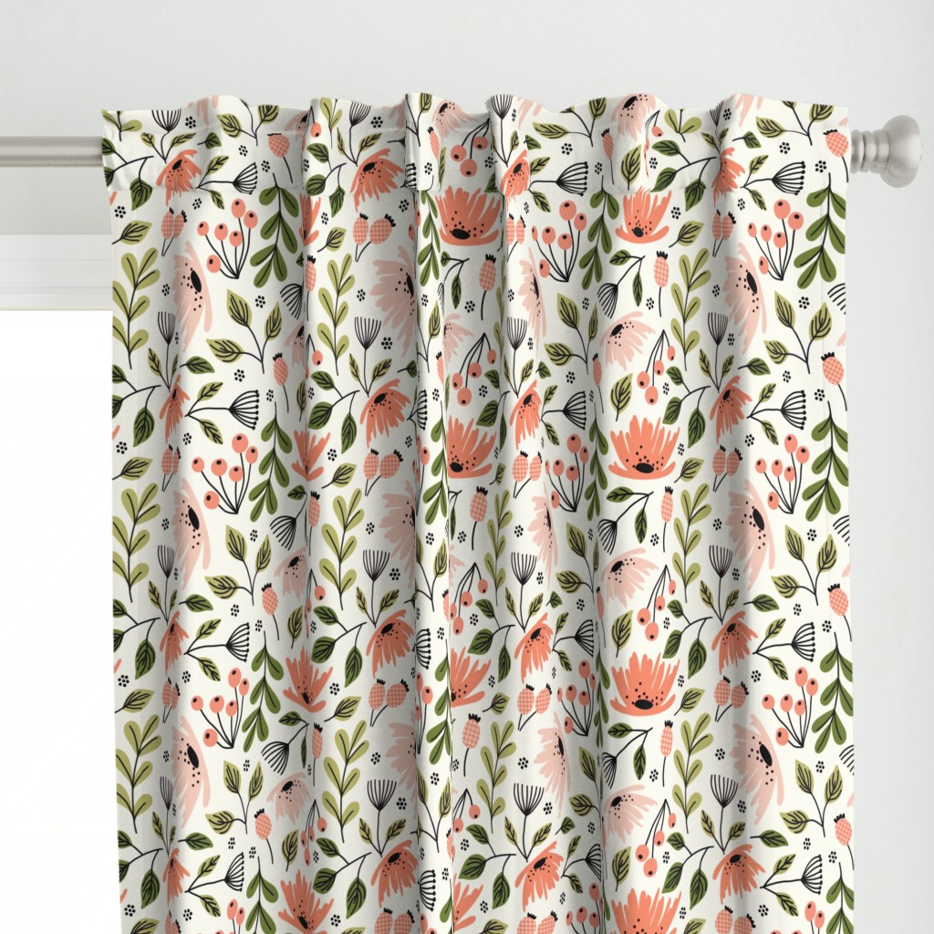 Ditsy modern floral- pink and green on cream - large