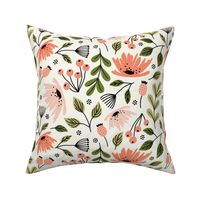 Ditsy modern floral- pink and green on cream - large