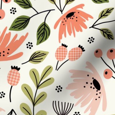 Ditsy modern floral- pink and green on cream - large