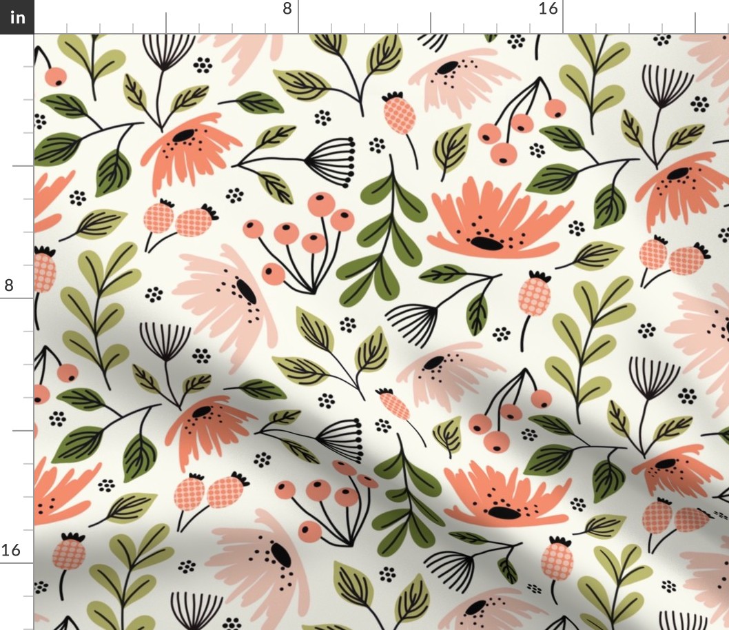 Ditsy modern floral- pink and green on cream - large