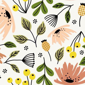 Ditsy modern floral- rose and yellow on cream 