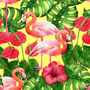 Flamingo birds and tropical garden watercolor5