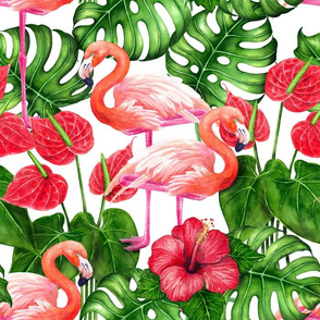 Flamingo birds and tropical garden watercolor4