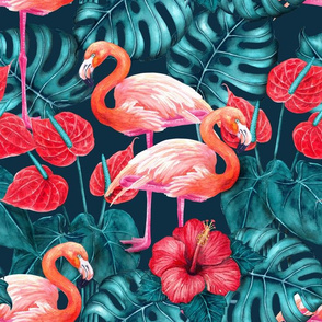 Flamingo birds and tropical garden watercolor3