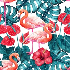 Flamingo birds and tropical garden watercolor2
