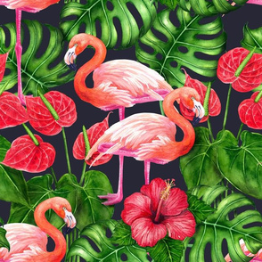 Flamingo birds and tropical garden watercolor