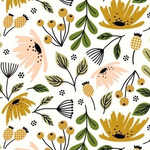 Ditsy modern floral - peach and ochre - medium scale