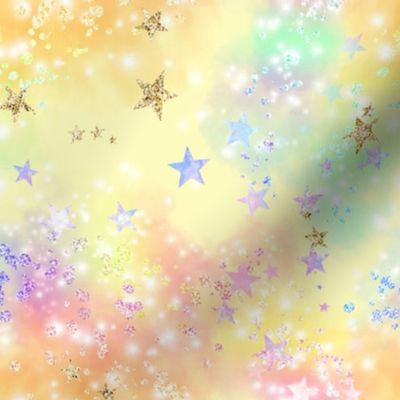 Pastel Rainbow Cloud Stars, yellow background 