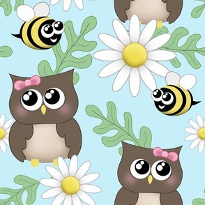 Spring Owl Bee Daisy Pattern - large print