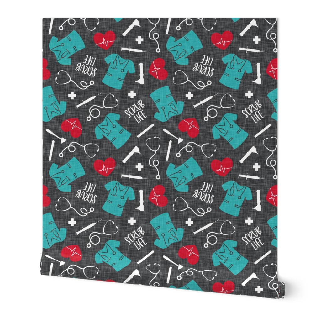 Scrub Life - Nursing fabric - nurse scrubs, syringe, ekg, stethoscope, Otoscope - red/teal on grey  - LAD20