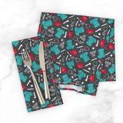 Scrub Life - Nursing fabric - nurse scrubs, syringe, ekg, stethoscope, Otoscope - red/teal on grey  - LAD20