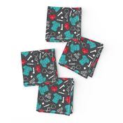 Scrub Life - Nursing fabric - nurse scrubs, syringe, ekg, stethoscope, Otoscope - red/teal on grey  - LAD20