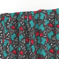 Scrub Life - Nursing fabric - nurse scrubs, syringe, ekg, stethoscope, Otoscope - red/teal on grey  - LAD20