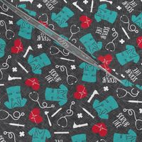 Scrub Life - Nursing fabric - nurse scrubs, syringe, ekg, stethoscope, Otoscope - red/teal on grey  - LAD20