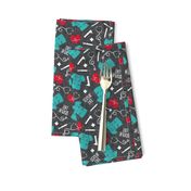 Scrub Life - Nursing fabric - nurse scrubs, syringe, ekg, stethoscope, Otoscope - red/teal on grey  - LAD20