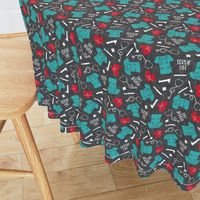 Scrub Life - Nursing fabric - nurse scrubs, syringe, ekg, stethoscope, Otoscope - red/teal on grey  - LAD20