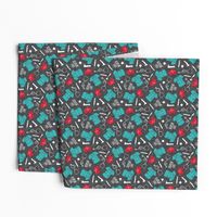 Scrub Life - Nursing fabric - nurse scrubs, syringe, ekg, stethoscope, Otoscope - red/teal on grey  - LAD20