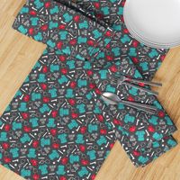 Scrub Life - Nursing fabric - nurse scrubs, syringe, ekg, stethoscope, Otoscope - red/teal on grey  - LAD20