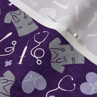 Nursing fabric - nurse scrubs, syringe, ekg, stethoscope, Otoscope - purple on dark purple - LAD20