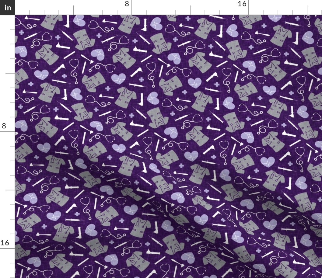 Nursing fabric - nurse scrubs, syringe, ekg, stethoscope, Otoscope - purple on dark purple - LAD20