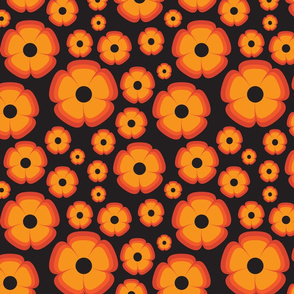 Large Scale Black and Orange Retro Floral Pattern