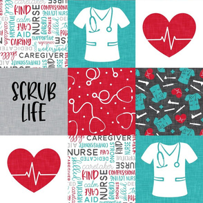 Scrub Life - nursing patchwork - teal/red -  LAD20