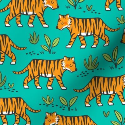 Jungle Tiger on Dark Mint Green