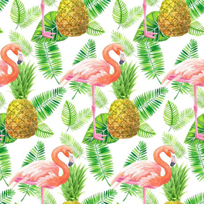 Tropical garden with pink flamingo birds, palm leaves and pineapples