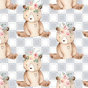 Sweet Floral Bear – Silver Check
