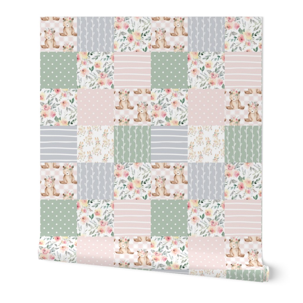 Woodland Floral Patchwork – Baby Girl Quilt, Bear Bunny Flowers, Pink Sage Silver,  Style A