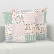 Woodland Floral Patchwork – Baby Girl Quilt, Bear Bunny Flowers, Pink Sage Silver,  Style A