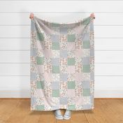 Woodland Floral Patchwork – Baby Girl Quilt, Bear Bunny Flowers, Pink Sage Silver,  Style A ROTATED