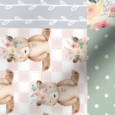 Woodland Floral Patchwork – Baby Girl Quilt, Bear Bunny Flowers, Pink Sage Silver,  Style A ROTATED