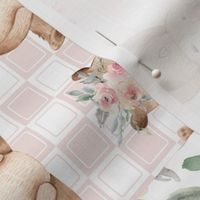 Woodland Floral Patchwork – Baby Girl Quilt, Bear Bunny Flowers, Pink Sage Silver,  Style A ROTATED