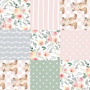 Woodland Floral Patchwork – Baby Girl Quilt, Bear Bunny Flowers, Pink Sage Silver,  Style A ROTATED