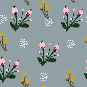 Botanical Pattern Flowers Floral Grey Pink Green