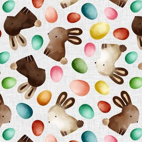 Watercolor Chocolate Rabbit Candy / Light Grey Linen Texture Background 