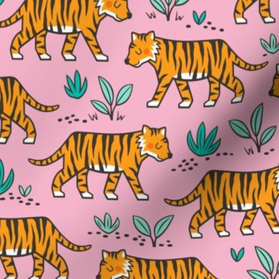 Jungle Tiger on with Mint Leaves on Pink