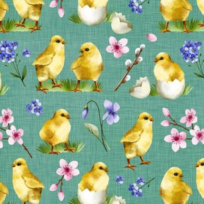 Watercolor Chicks / Aqua Linen Texture Background 