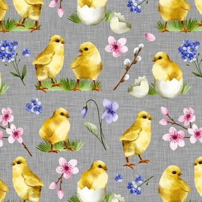 Watercolor Chicks / Grey Linen Texture Background 