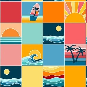 (medium) Beach Vibes, sunset and sunrise at the beach, surf boards and palm trees by the sea. Cheater quilt, yellow, orange and blue cheerful checks 