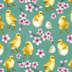 Watercolor Chicks / Aqua Linen Texture Background 