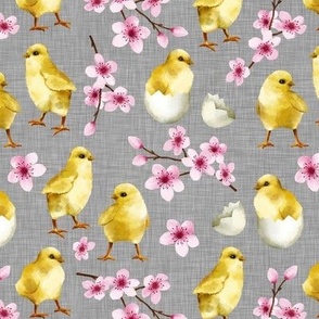 Watercolor Chicks / Grey Linen Texture Background 